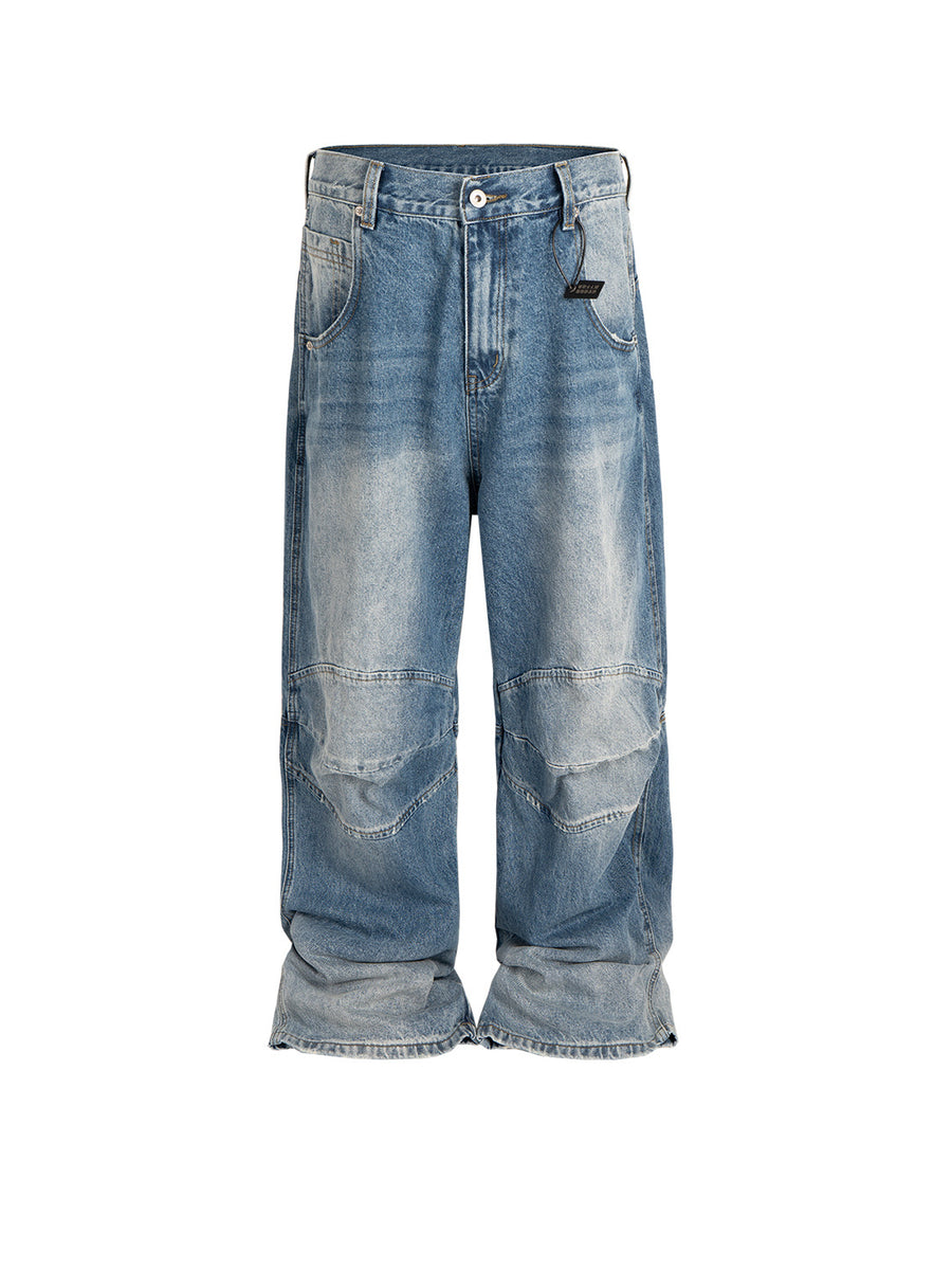 Profile Pleated BAGGY Washed White Blue Jeans