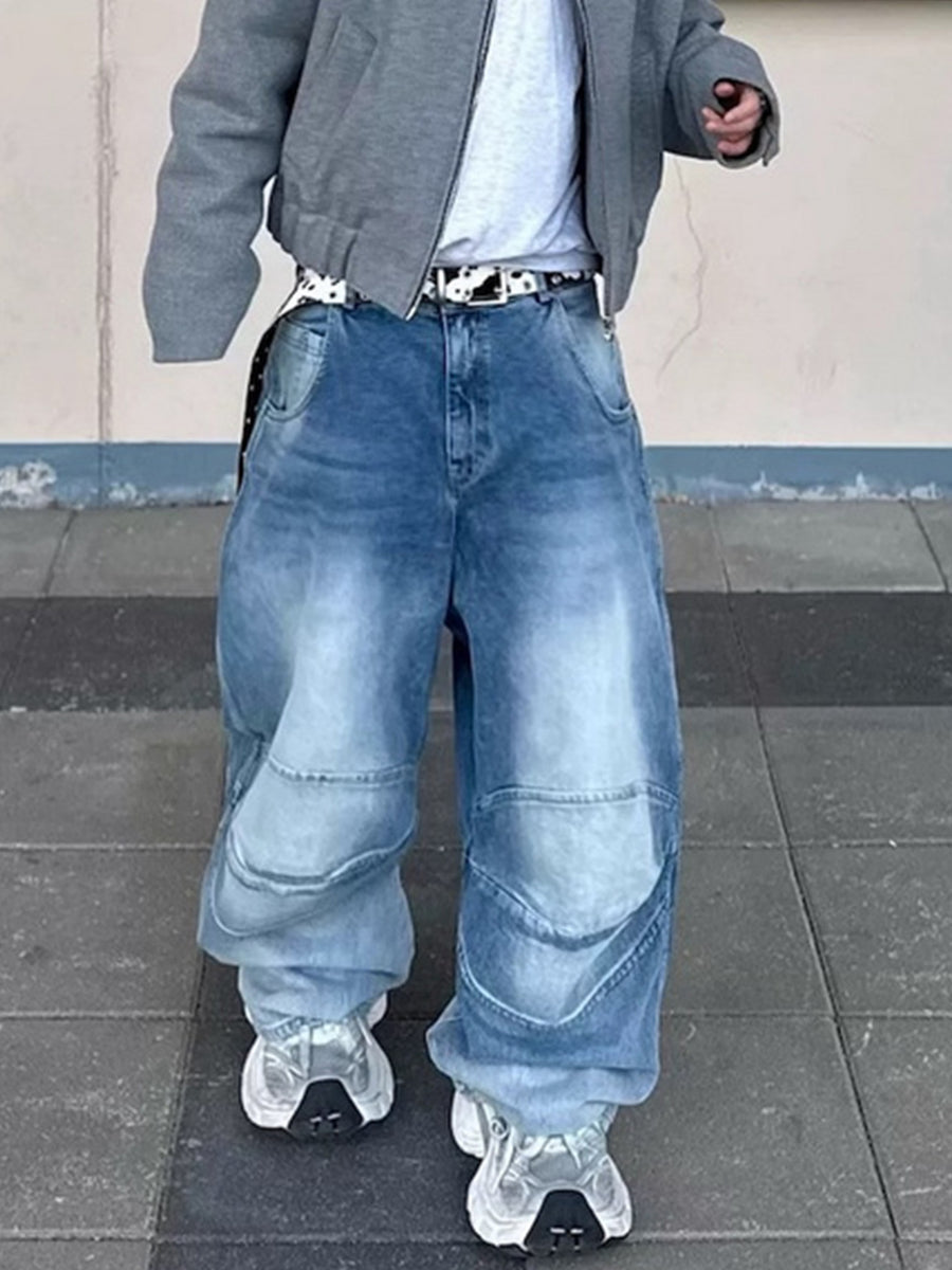 Profile Pleated BAGGY Washed White Blue Jeans