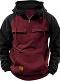 Fall Winter Retro Cargo Hoodies Men's Half Zipper Solid Warm Fleece Sweatshirts Multi Pockets Male Hooded Jackets Thick Outdoor Hooded