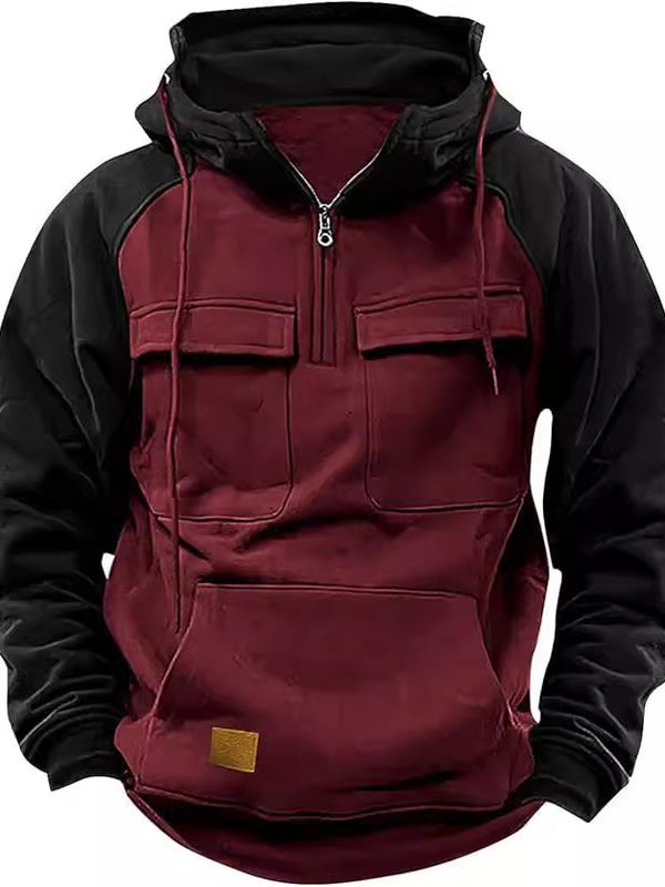 Fall Winter Retro Cargo Hoodies Men's Half Zipper Solid Warm Fleece Sweatshirts Multi Pockets Male Hooded Jackets Thick Outdoor Hooded