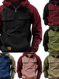 Fall Winter Retro Cargo Hoodies Men's Half Zipper Solid Warm Fleece Sweatshirts Multi Pockets Male Hooded Jackets Thick Outdoor Hooded