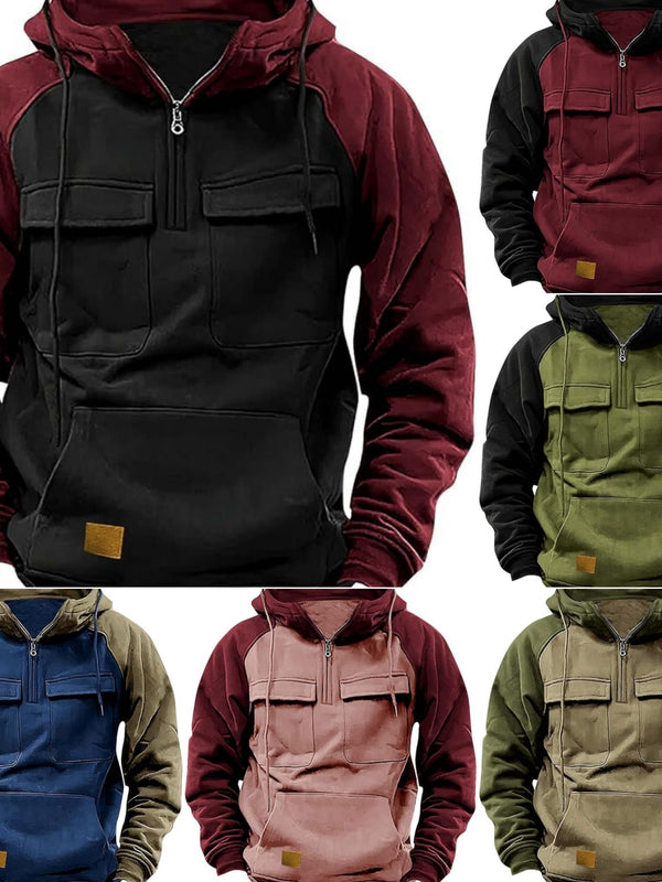 Fall Winter Retro Cargo Hoodies Men's Half Zipper Solid Warm Fleece Sweatshirts Multi Pockets Male Hooded Jackets Thick Outdoor Hooded