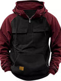 Fall Winter Retro Cargo Hoodies Men's Half Zipper Solid Warm Fleece Sweatshirts Multi Pockets Male Hooded Jackets Thick Outdoor Hooded