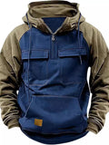 Fall Winter Retro Cargo Hoodies Men's Half Zipper Solid Warm Fleece Sweatshirts Multi Pockets Male Hooded Jackets Thick Outdoor Hooded