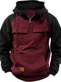 Fall Winter Retro Cargo Hoodies Men's Half Zipper Solid Warm Fleece Sweatshirts Multi Pockets Male Hooded Jackets Thick Outdoor Hooded