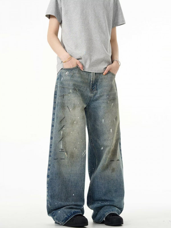 Splash-ink Jeans Men's Retro Washed Distressed Baggy Straight Trousers