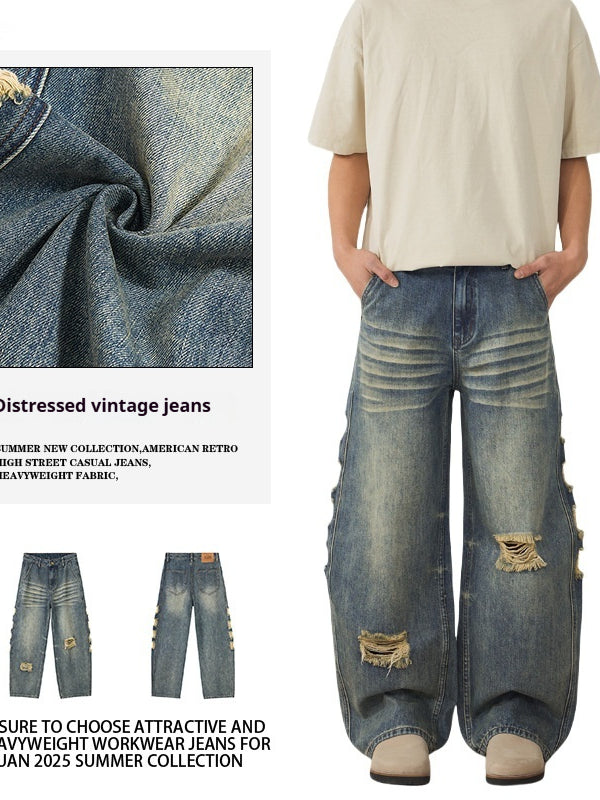 Men's Ripped Wide-leg Jeans
