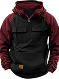 Fall Winter Retro Cargo Hoodies Men's Half Zipper Solid Warm Fleece Sweatshirts Multi Pockets Male Hooded Jackets Thick Outdoor Hooded