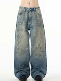 Splash-ink Jeans Men's Retro Washed Distressed Baggy Straight Trousers