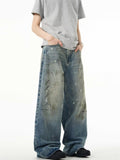 Splash-ink Jeans Men's Retro Washed Distressed Baggy Straight Trousers