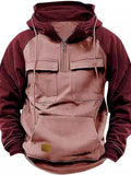 Fall Winter Retro Cargo Hoodies Men's Half Zipper Solid Warm Fleece Sweatshirts Multi Pockets Male Hooded Jackets Thick Outdoor Hooded