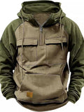 Fall Winter Retro Cargo Hoodies Men's Half Zipper Solid Warm Fleece Sweatshirts Multi Pockets Male Hooded Jackets Thick Outdoor Hooded